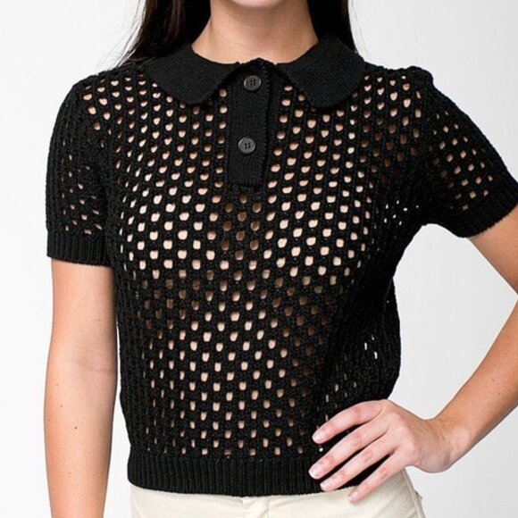 American Apparel Open Weave Knit Crop Tennis Shirt Sweater Top Black - M - Picture 1 of 7
